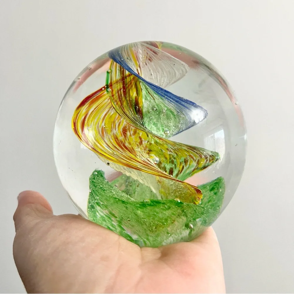 Vintage Pier One Glass Globe Paperweight w Multicolored Swirls Down Middle 2.5lb